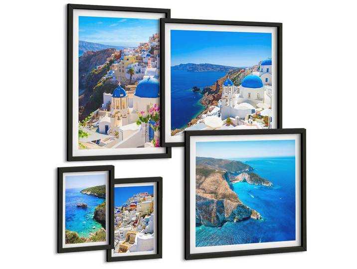 BILDER SET 5er Set - 50x50 cm & 20x30 cm & 40x60 cm Schwarzer Rahmen - Architekturlandschaft Oia Santorin Griechenland