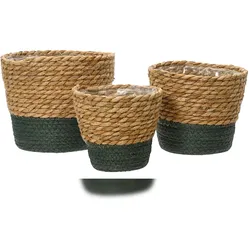 KSD 3 Blumentöpfe geflochten 14-20cm - Übertopf Korb Blumen Pflanzen Flechtkorb Aufbewahrung Blumenkorb Pflanzenkorb Indoor Deko Boho Natur Dunkelgrün