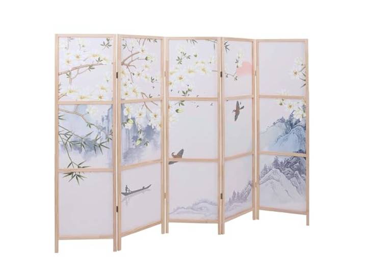 Mendler Paravent HWC-O70 170x227cm Holz - Flusslandschaft