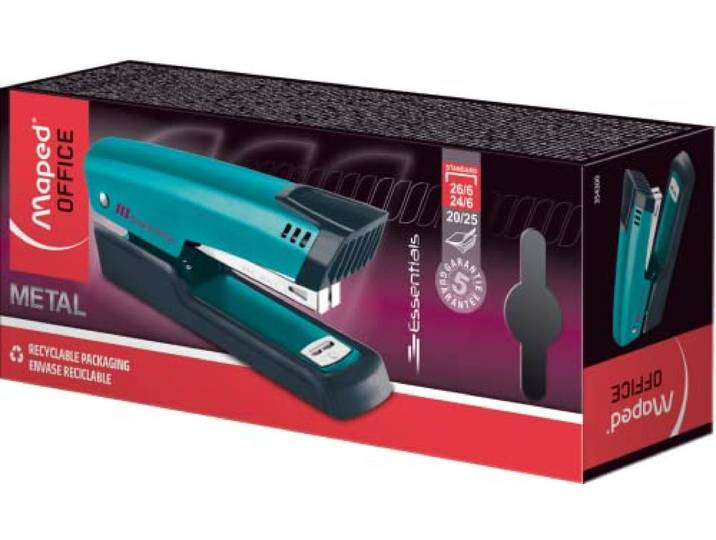 Maped Office - Agrafeuse Essentials Métal - Compatible Agrafes 24/6 & 26/6 - Chargement Facile - Ouverture 180° - pour Relier jusqu’à 25 Feuilles - Garantie 5 Ans - Bleu