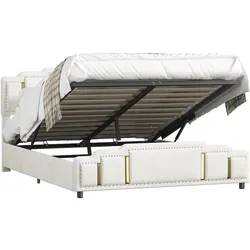 OKWISH Polsterbett Samt Beige 200x140 cm mit LED-Beleuchtung, 4 Schubladen und goldfarbenen Metallakzenten