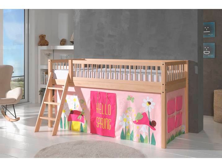 Massives Hochbett Forrest - Spring 90 x 200cm Holz/Braun mit Vorhang