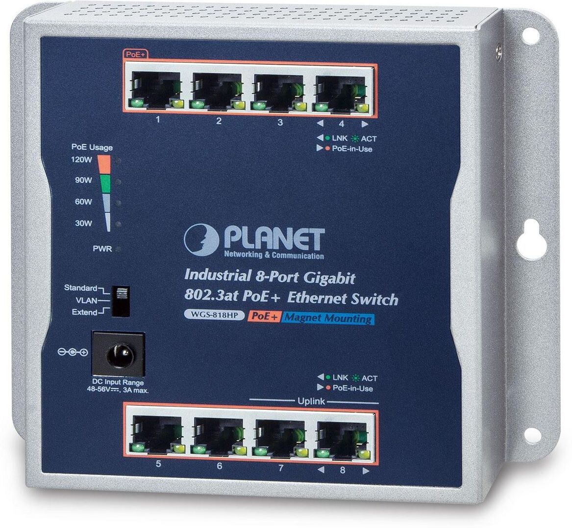 PLANET WGS-818HP IP30 Industrial 8-Port 10/100/1000T Wall-mounted Gigabit 802.3at PoE+ Switch