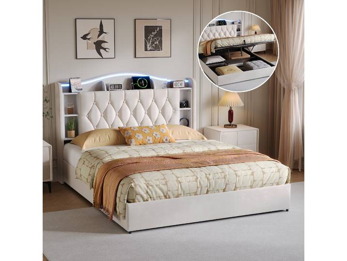 Blanketswarm - Lit Coffre 140 X 200 Cm Avec Led\, Lit Double Rembourré Avec Usb\, Lit Double Coffre Lit Double Avec Rangement Cadre De Lit - Velours - Beige