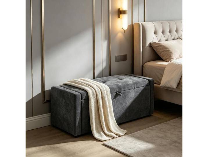 Banc de rangement - ZEVKOR - 122 cm - Tissu gris foncé - Coffre dissimulé - Assise large