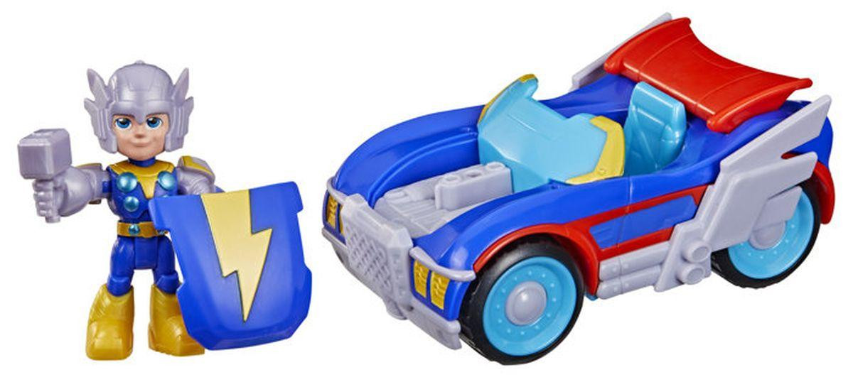 Hasbro Marvel Iron Man and His Amazing Friends Thor figuur met Lightning Mobile voertuig, 7.5 cm