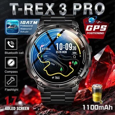 Uplift Treasures T Rex 3 Pro 1100mAh GPS Military Smartwatch black Leather 1100mah Battery