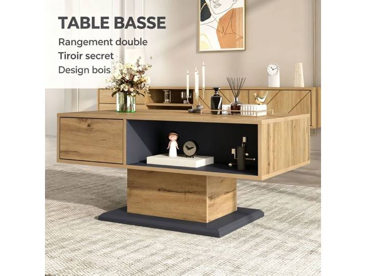 URTR Table basse moderne avec rangement double face grand compartiment et niche intérieure design ordonné pratique Gris