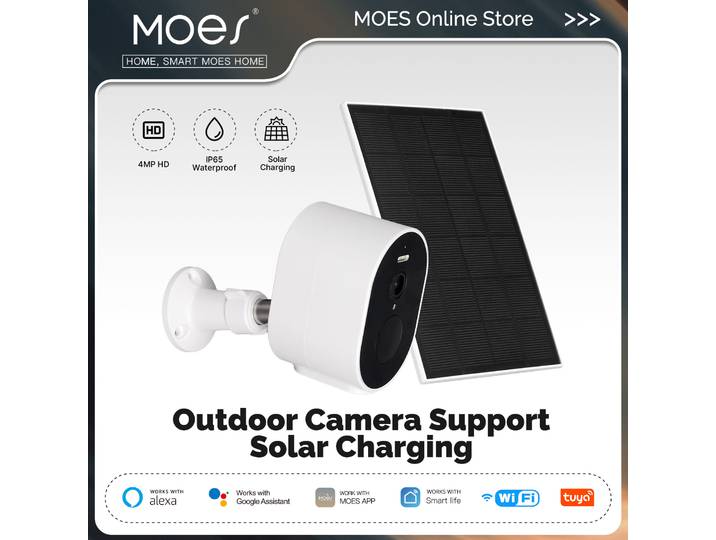 MOES-Caméra de sécurité intelligente avec charge solaire, étanche IP65, document complet, vision nocturne, fonctionne avec Alexa Google Home, Tuya, WiFi, 4MP, HD