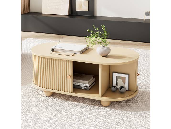 Sweiko Table basse avec espace de rangement et portes coulissantes gain de place\,Table basse ovale