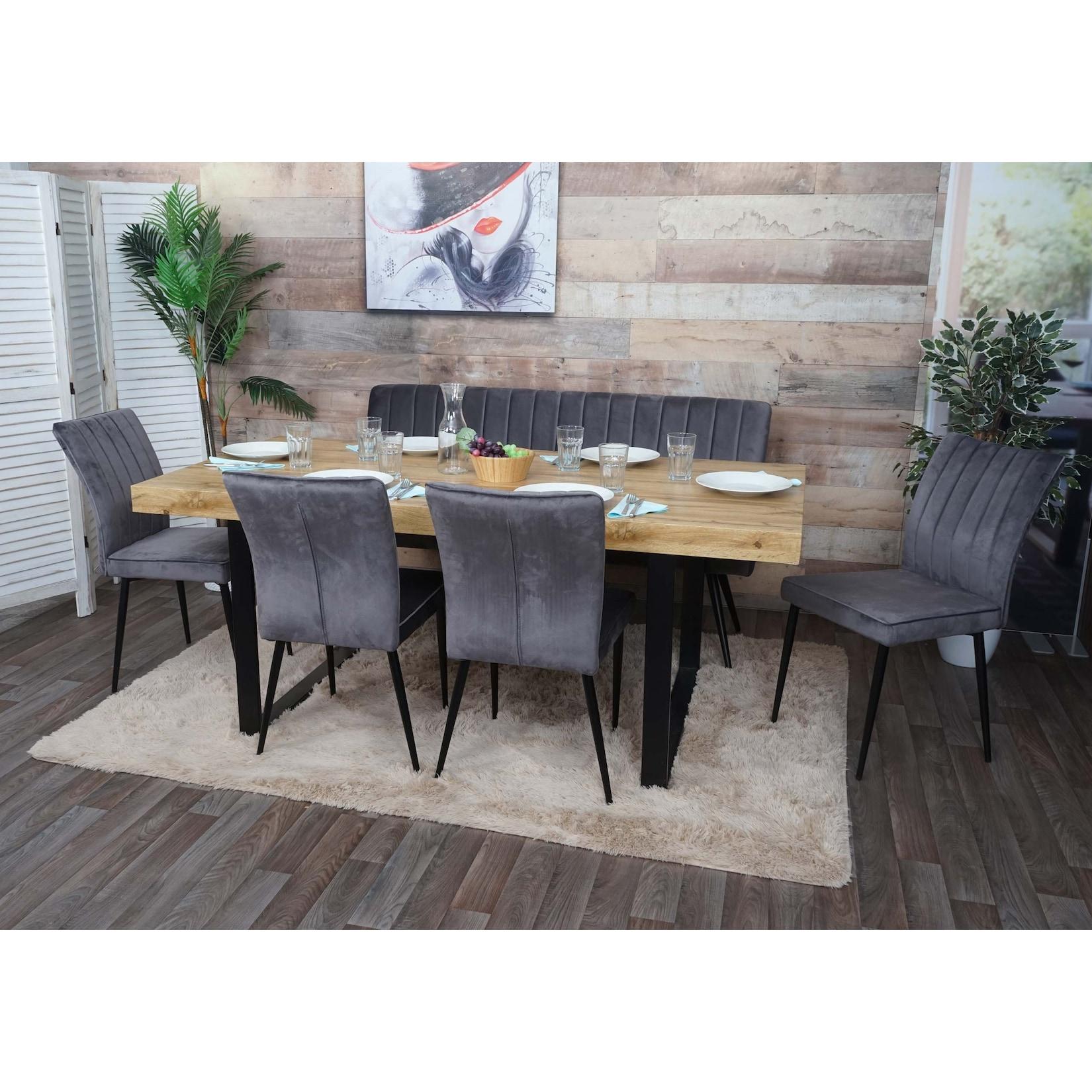Esszimmer-Set MCW-K16, 4er-Set Stuhl+Sitzbank Esszimmergruppe Sitzgruppe Esszimmergarnitur, Samt Metall ~ dunkelgrau