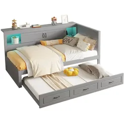 OKWISH Schlafsofa 90x200 mit LED-Ambientebeleuchtung, Staufach und ausziehbarem Bett, platzsparend, multifunktional, modernes Design, Grau