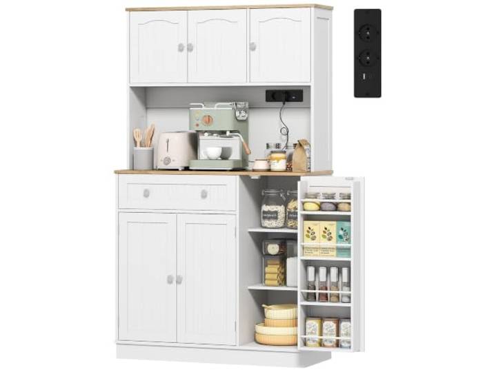 HOMCOM Hohes Küchenbuffet mit Ladestation, 6 Türen, 100x40x173 cm, Weiß Küchenschrank mit Arbeitsplatte, 4 Gewürzregalen & verstellbaren Einlegeböden