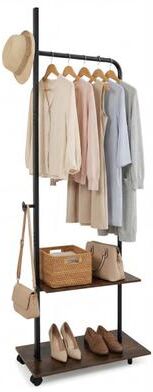 Costway Freestanding Clothing Rack with Wheels and Storage Shelves for Entryway and Bedroom-Rustic Brown