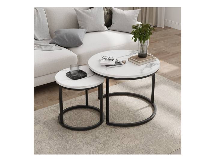 BBWL Couchtisch Verschachtelter Couchtisch 2er Set rund Weiß, moderner Metallrahmen Sofatisch mit Spanplatte platzsparend