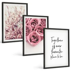 BILDER SET 3er Set - 40x60 cm Schwarzer Rahmen - Blumensträuße aus Rosen mit einer Inschrift