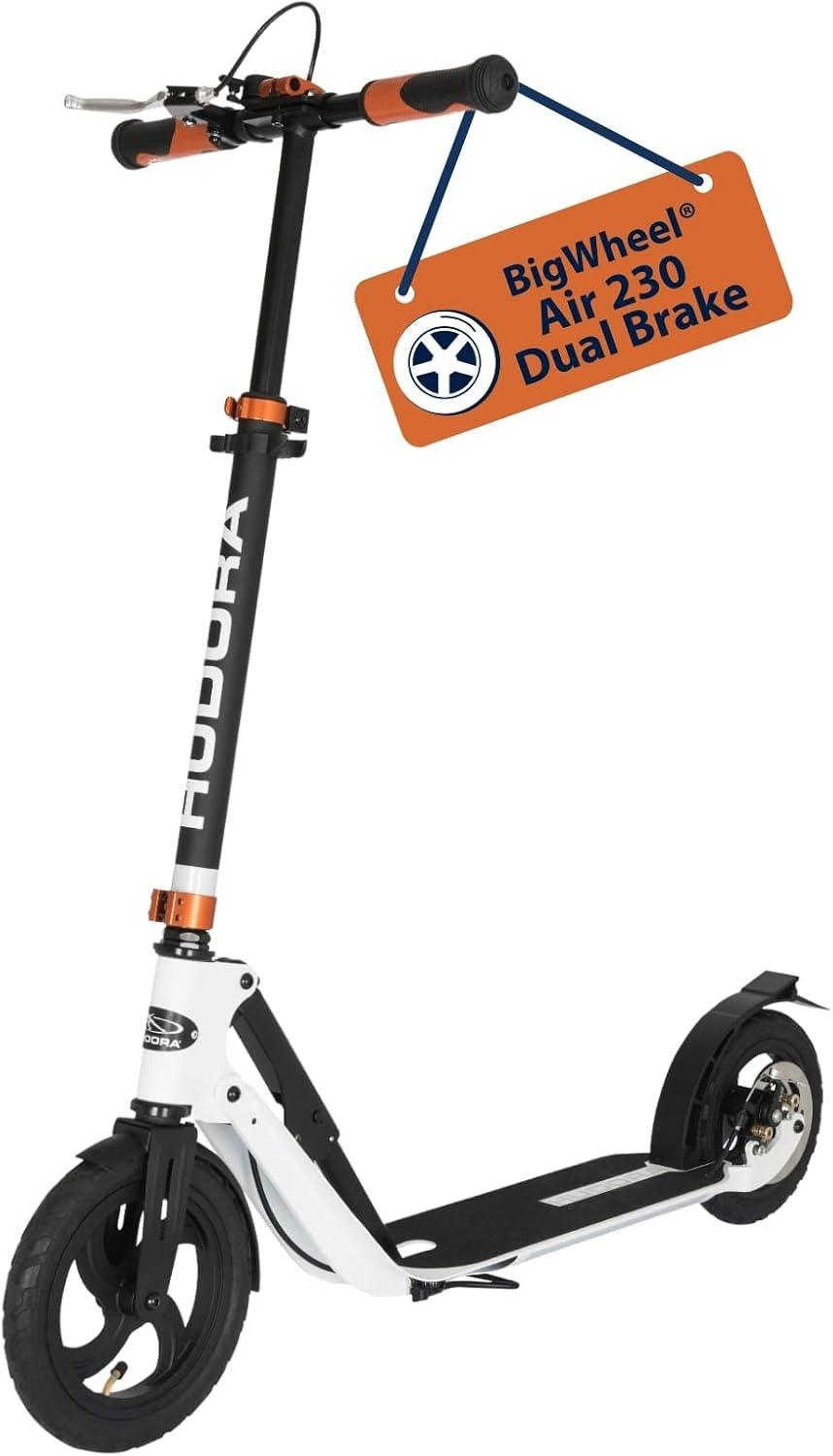 Robuster Aluminium-City-Roller mit 230 mm Luftreifen, doppelter Handbremse, verstellbarem Lenker und ausklappbarem Ständer
