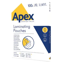 Fellowes Laminierfolien A3 Apex Light Duty, Laminierfolien im A3-Format, dünne Stärke, Packung mit 100 Laminierfolien