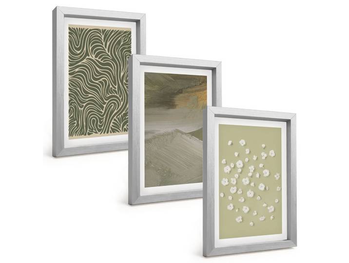 BILDER SET 3er Set - 20x30 cm Silberner Rahmen - Abstrakte florale Wellenmuster