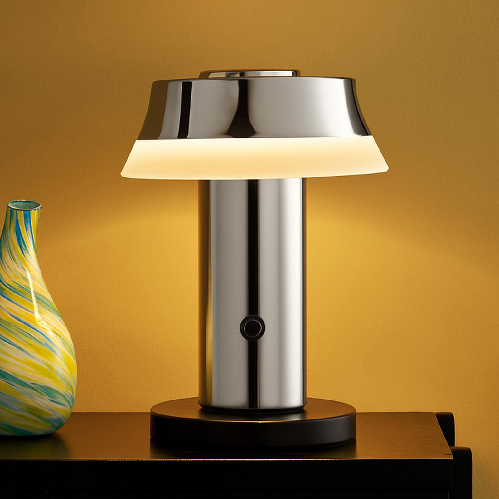 home24 LED-tafellamp modern zilver met verchroomd ijzer en polycarbonaat, Ø 15 cm