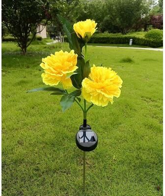 Inspired Living Peony Glow Solar Garden Lights, 3 Head Solar Garden Lights Outdoor Pathway Decor yellow