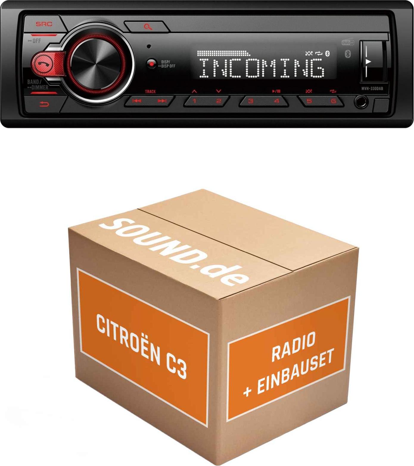 Autoradio Einbaupaket Pioneer MVH330DAB passend für Citroën C3 1 + PDC Lenkradfernbedienung | Bluetooth Telefonieren