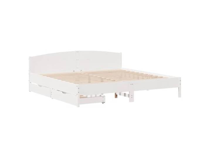 KTHLBRH Bettgestell weiß 200 x 200 cm Massivholz Kiefer Mit 2 Schubladen, Lattenrost, Kopfteil inklusive, Rollen für Gleiten