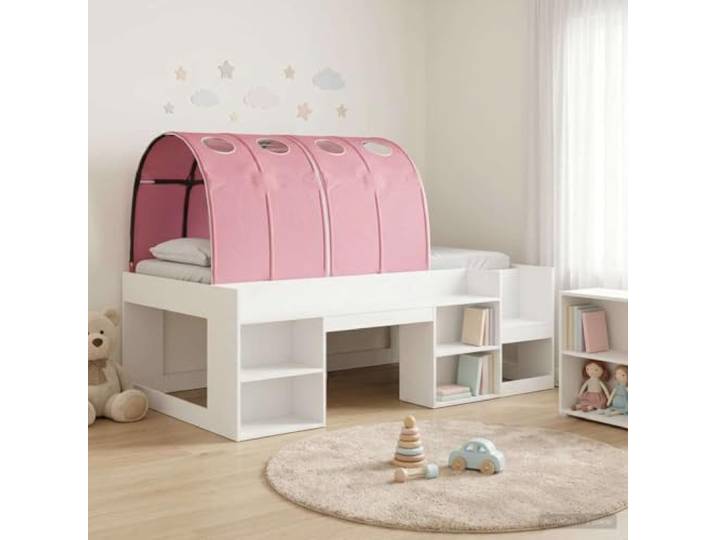 RJPLMFV Bettgestell mit Tunnel, 3-teilig, Weiß und Rosa, Holz Mit Leiter, Lattenrost inklusive, platzsparend, für kleinen Raum, einfache Reinigung