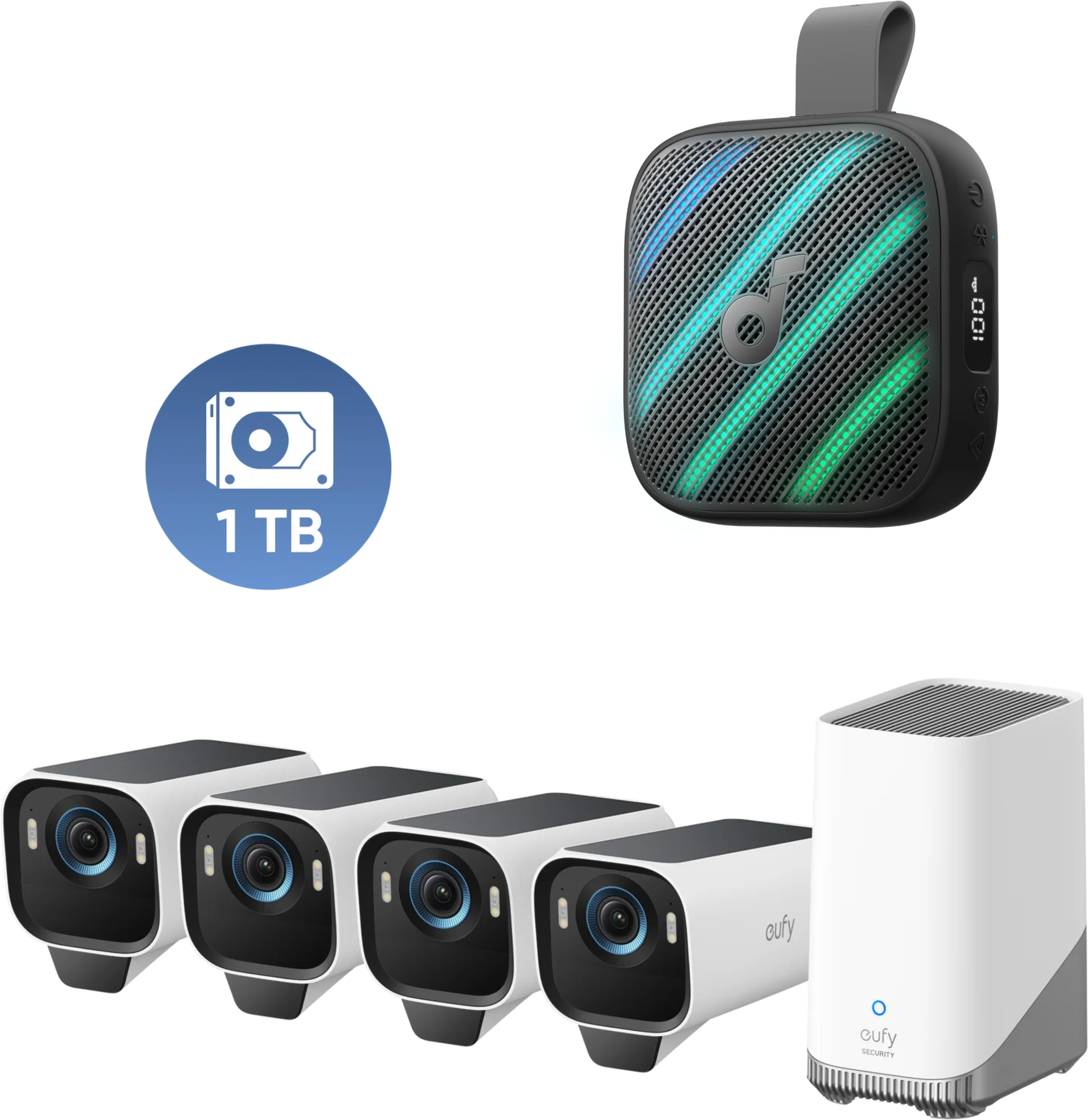 Anker eufyCam S3 Pro 4‑Kamera‑Set mit 1TB Festplatte und soundcore Boom Go 3i