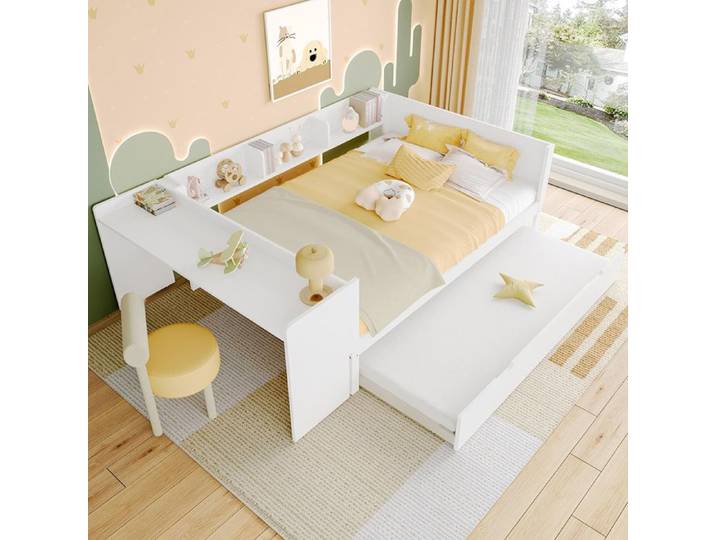 Lit Combine 140x200 cm Lit plat en bois avec bureau et lit Gigogne Blanc