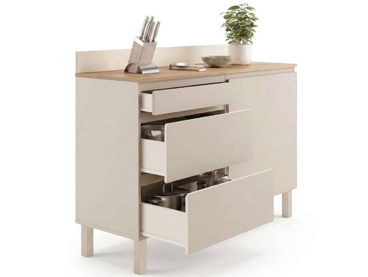 Idmarket – Buffet Bas Casserolier De Cuisine 120 Cm – 1 Porte – 3 Tiroirs – Hauteur Plan De Travail 83 Cm – Effet Bois Beige