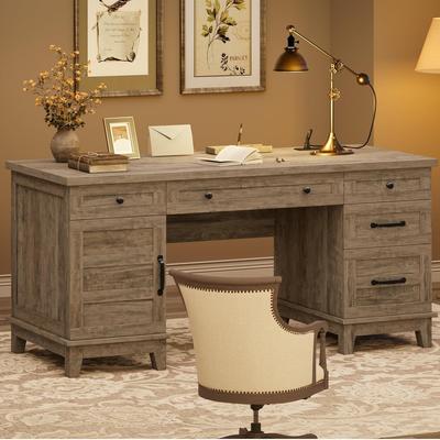 Garvee 60-Inch Farmhouse Desk with Cabinet, Computer Desk with 5 Drawers & Adjustable Shelves, Multifunctional Office Desk