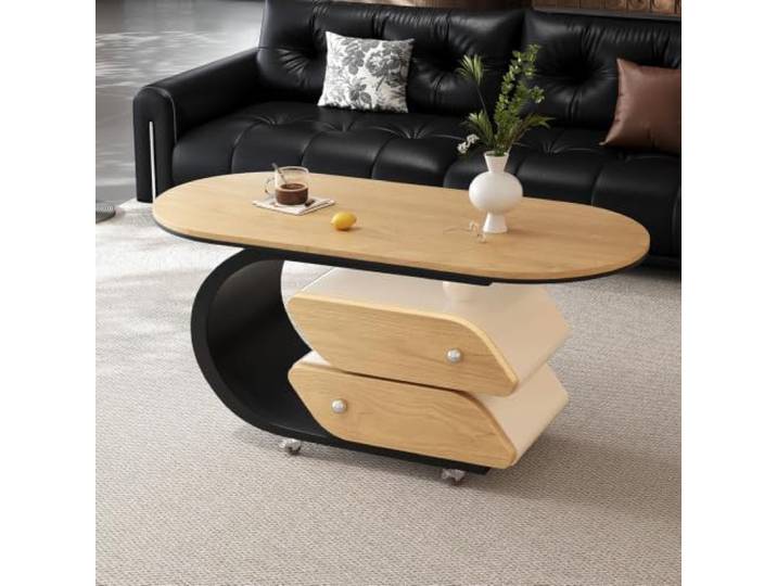 HLDJYLZS Ovaler Couchtisch aus Holz mit Rollen, Vintage-Stil Tablettdesign aus Massivholz, ovale Form, Lenkrollen, italienischer Retro-Stil, Wabi-Sabi-Design, kleine Räume, Wohnzimmer