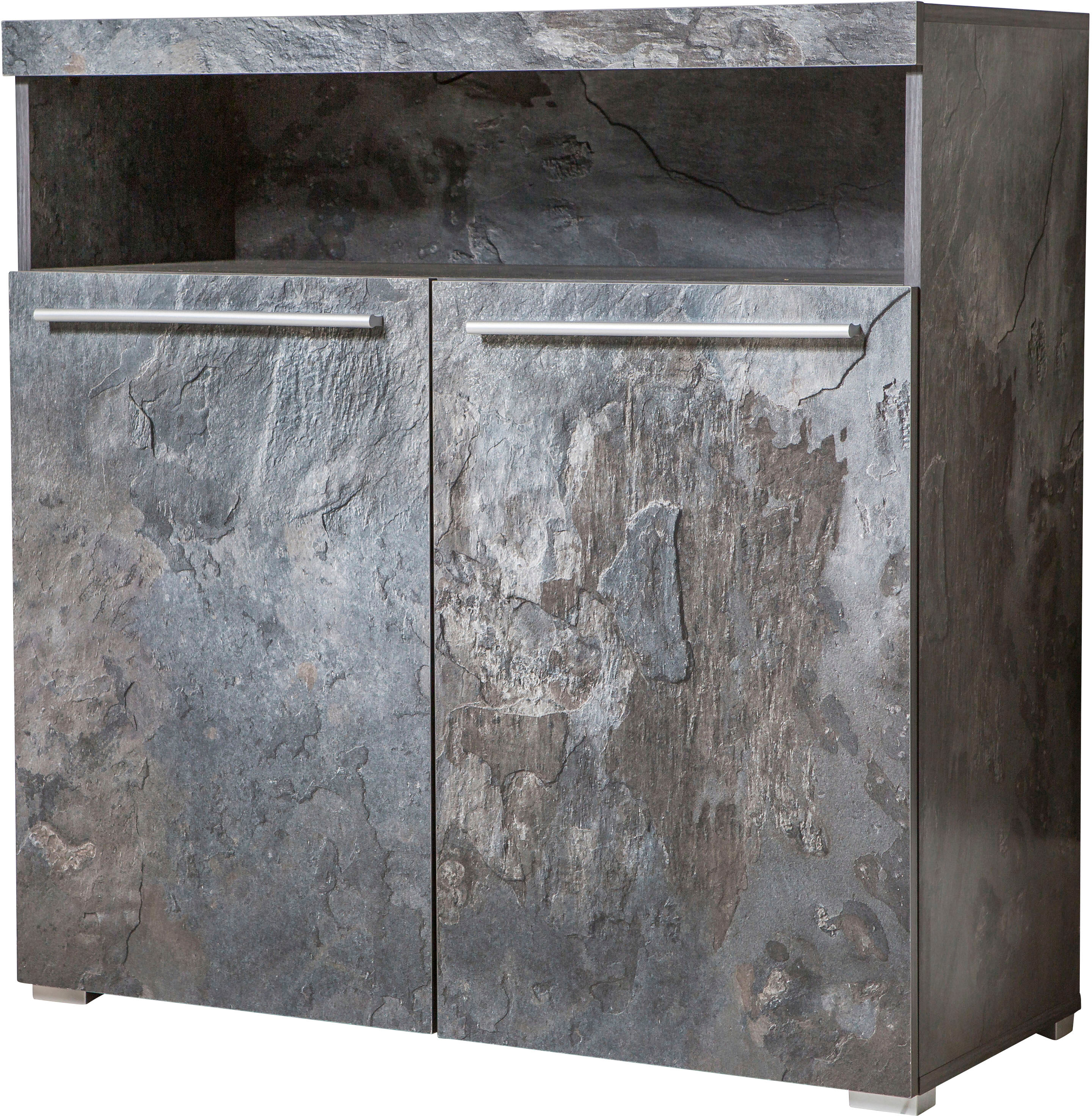 Kommode GOODPRODUCT "India, Breite 91cm, stilvolle Anrichte mit 2 Türen und offene Fach", schwarz (schiefer, schiefer), B:91cm H:92cm T:38,5cm, Sideboards, Kommode, Sideboard viel Stauraum, ohne Beleuchtung schiefer, schiefer B/H/T: 91cm x 92cm x 38,5cm