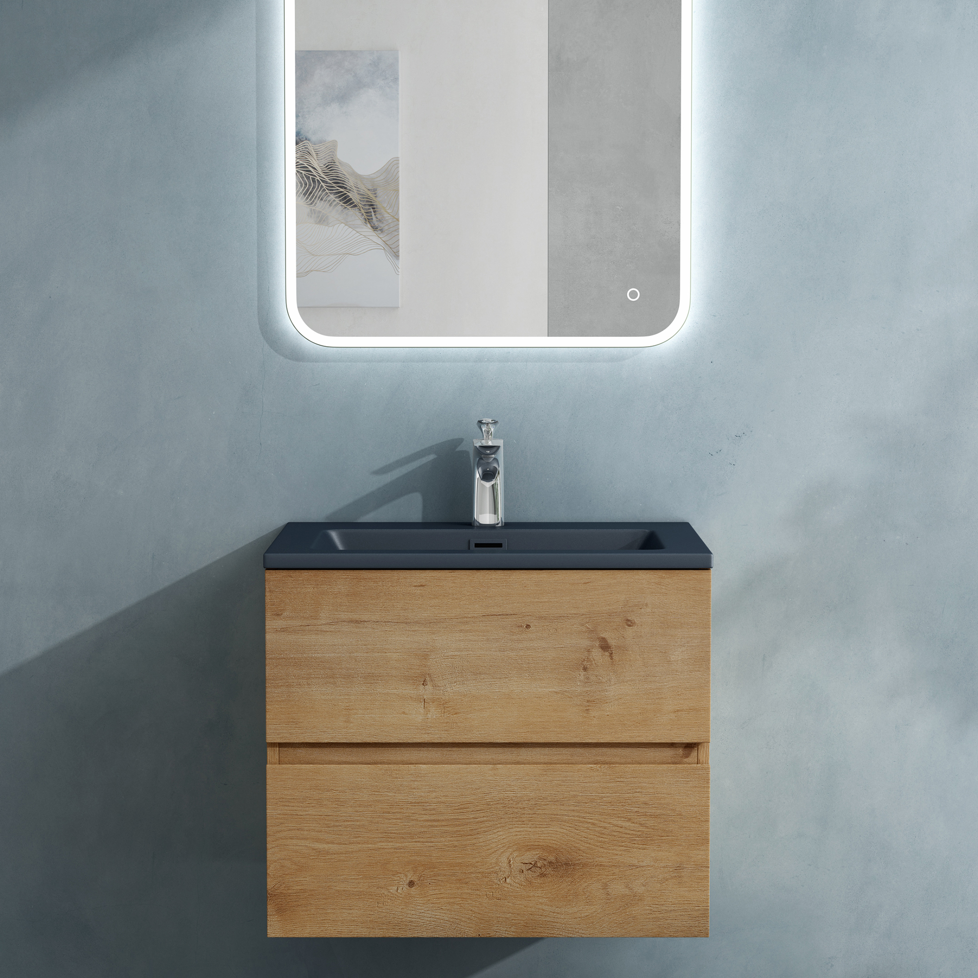 doporro Badmöbel-Set Waschbecken-Unterschrank Badezimmer Waschtisch mit Unterschrank BTH: 60x48x50 cm in Kerneiche inkl. matt Anthrazit Mineralguss-Waschbecken und LED-Spiegel Aqualis