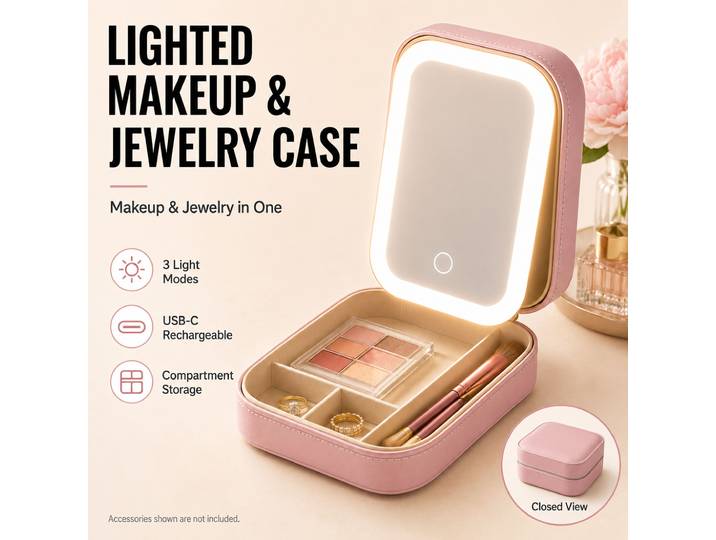 Miroir de maquillage à LED avec boîte à bijoux 2 en 1, miroir cosmétique portable de voyage avec rangement, lumière à 3 couleurs réglables, rechargeable par USB