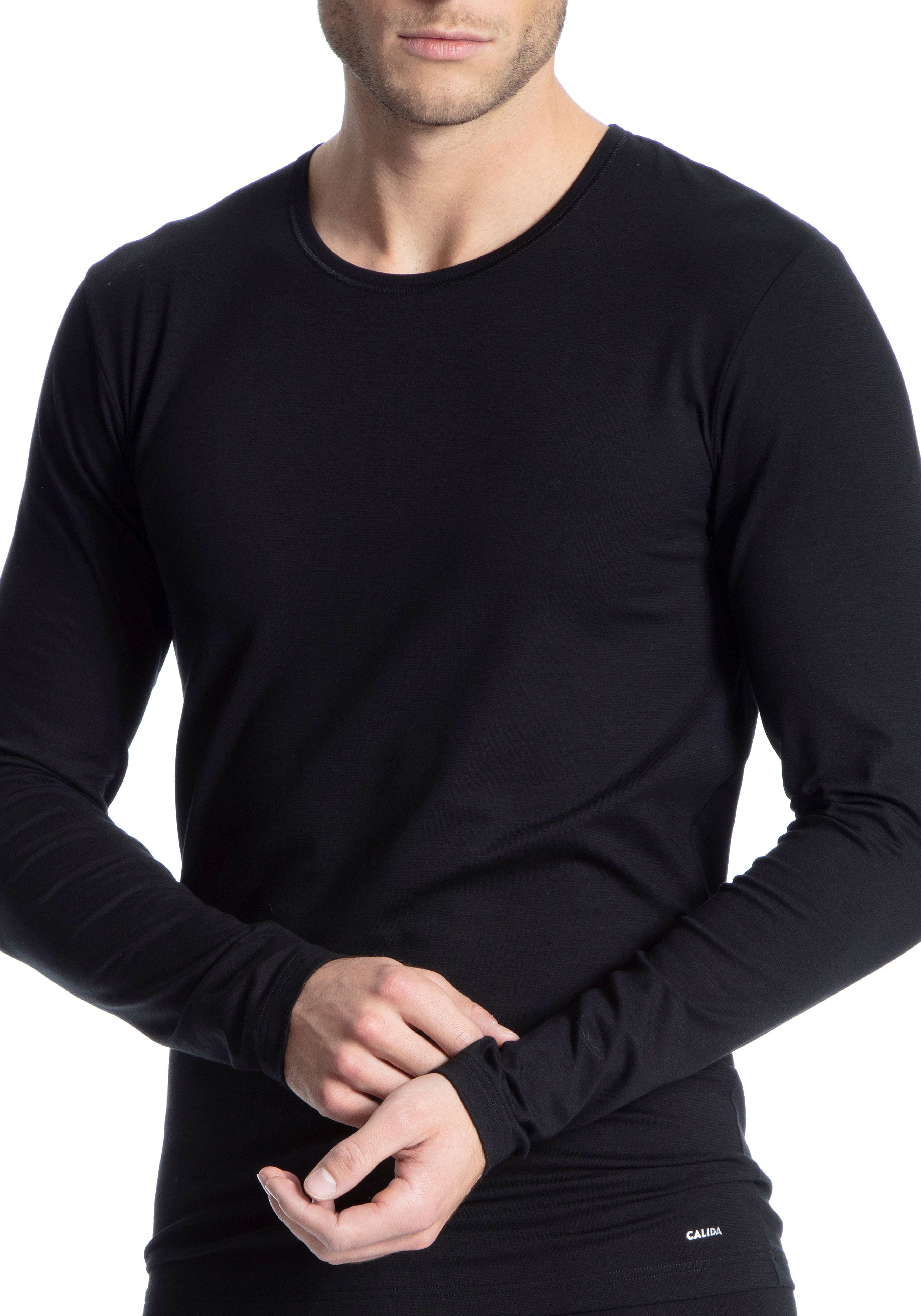 Langarmshirt CALIDA "Cotton Code", Herren, Gr. XL (56), schwarz, Single Jersey, Obermaterial: 95% Baumwolle, 5% Elasthan, unifarben, normal hüftbedeckend, Rundhals, gerader Abschluss, Shirts Langarmshirt, Rundhals-Ausschnitt, Single Jersey, formstabil, el