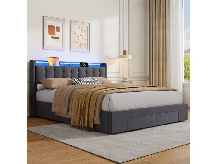 ROVRYN Lit coffre 160x200 cm double avec rangement LED prises tiroirs et coffre de rangement gris sans matelas
