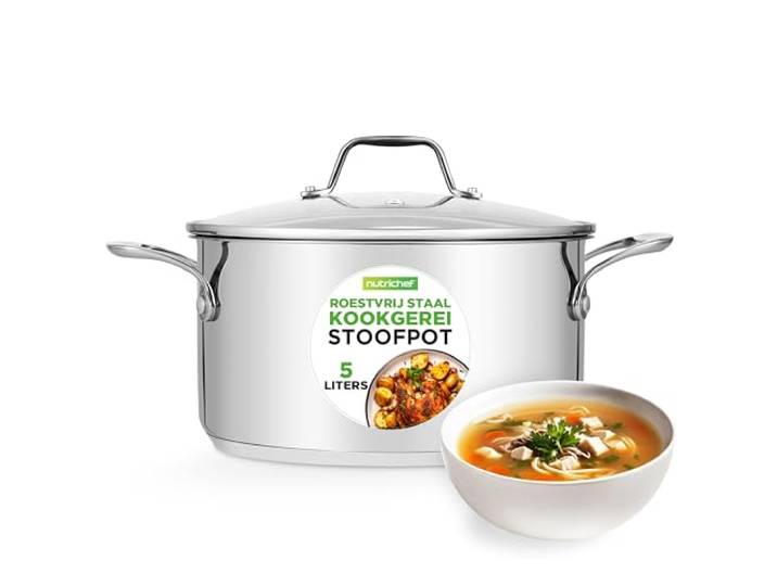 NutriChef Kookpot - Roestvrijstaal Inductie Kookpan- Soep/Stoofpot- Sudderpot- Soeppan met Doorzichtig Deksel- Vaatwasmachinebestendig –6 Liter