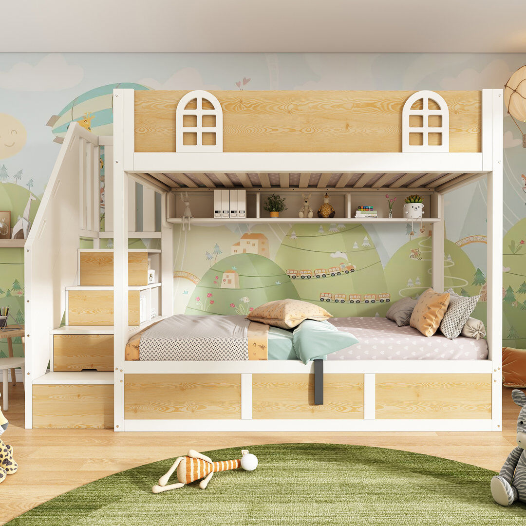 Happy Larry Single (3') Bunk Bed with ottoman and storage stairs white White