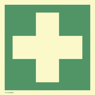Aufkleber Erste Hilfe, ISO 7010, PVC-U selbstklebend, langnachleucht., 160-mcd, 148x148 mm