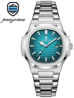 Youfap Market Men Watch Luxury Waterproof, Square Quartz Stainless Steel, Luminous Date Business Male Clock silver Green