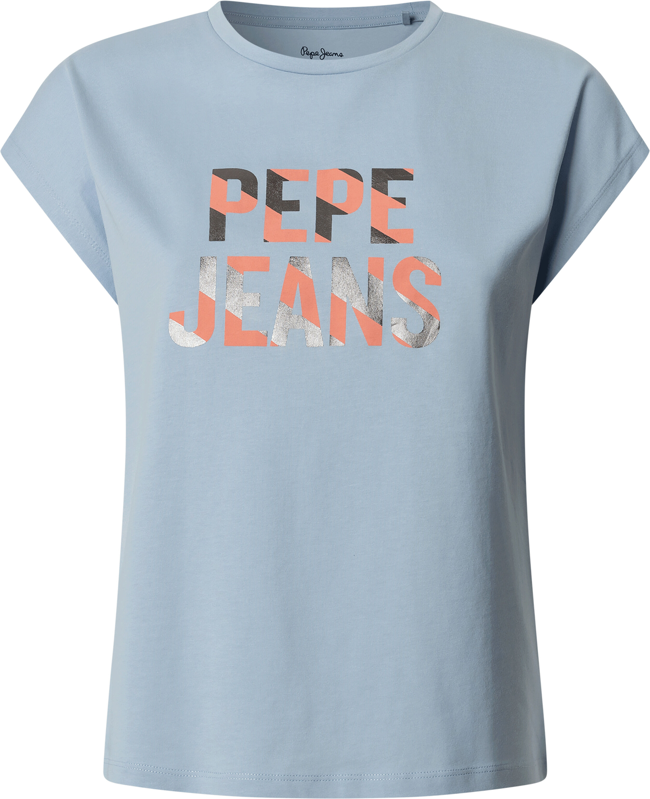 T-Shirt PEPE JEANS "CATALINA", Damen, Gr. L, blau (stormy sea blau), Single Jersey, Obermaterial: 100% Baumwolle, bedruckt, regular fit hüftbedeckend, Rundhals, abgesteppte Kante, Shirts T-Shirt, aus Baumwolle, Logoschriftzug stormy sea blau L