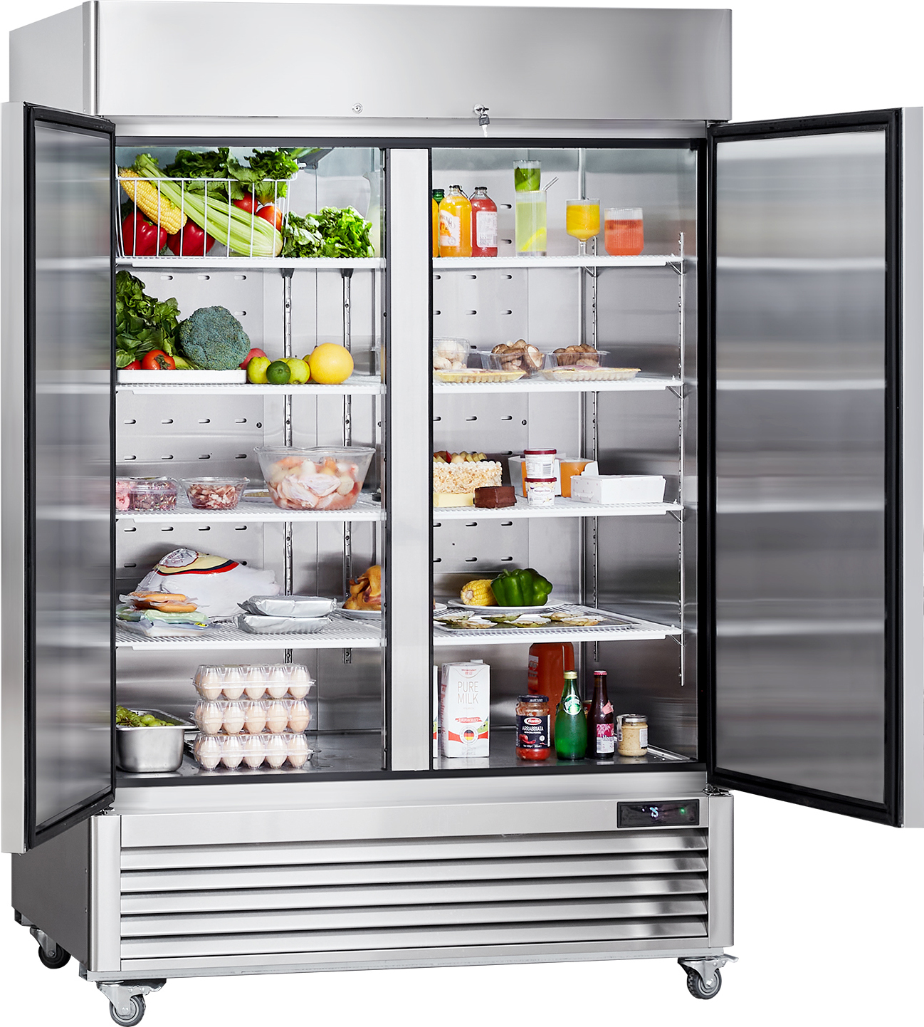 SucceBuy Gewerbekühlschrank von, 38,83 Kubikfuß, Kühlschrank mit 2 Türen. Edelstahl, automatische Abtaufunktion, 6 Ablagen. Temperaturregelung von -2,8 bis 8,3 °C, 4 Räder für Mobilität.