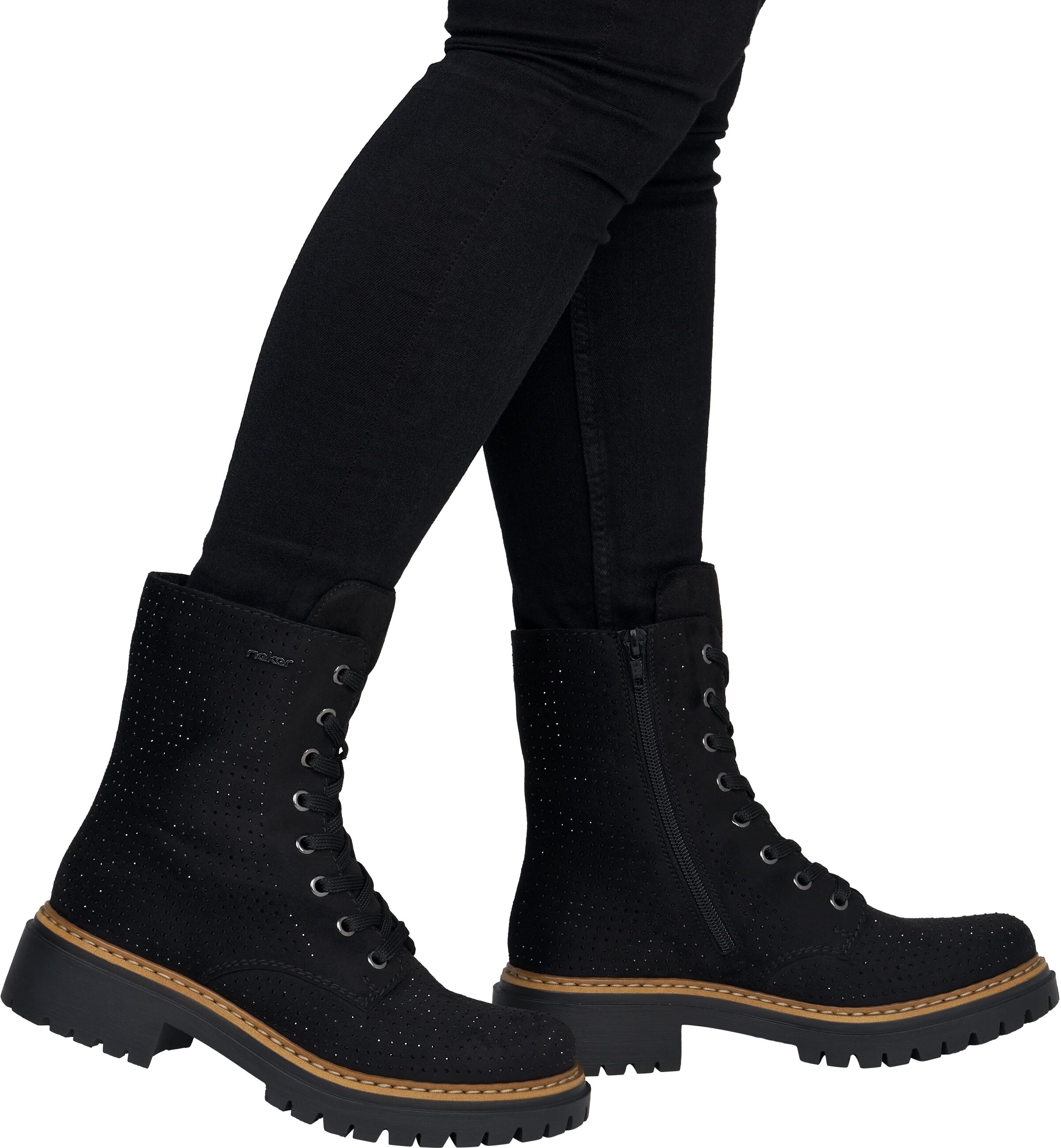 Schnürboots RIEKER, Damen, Gr. 38, Textil, schwarz, Schuhe Schnürboots, Schnürstiefelette, Blockabsatz, mit Glitzersteinchen verziert
