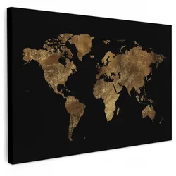 LEINWANDBILD Weltkarte - Gold - Luxus - Erde - Schwarz Wohnzimmer Groß 120x80 cm