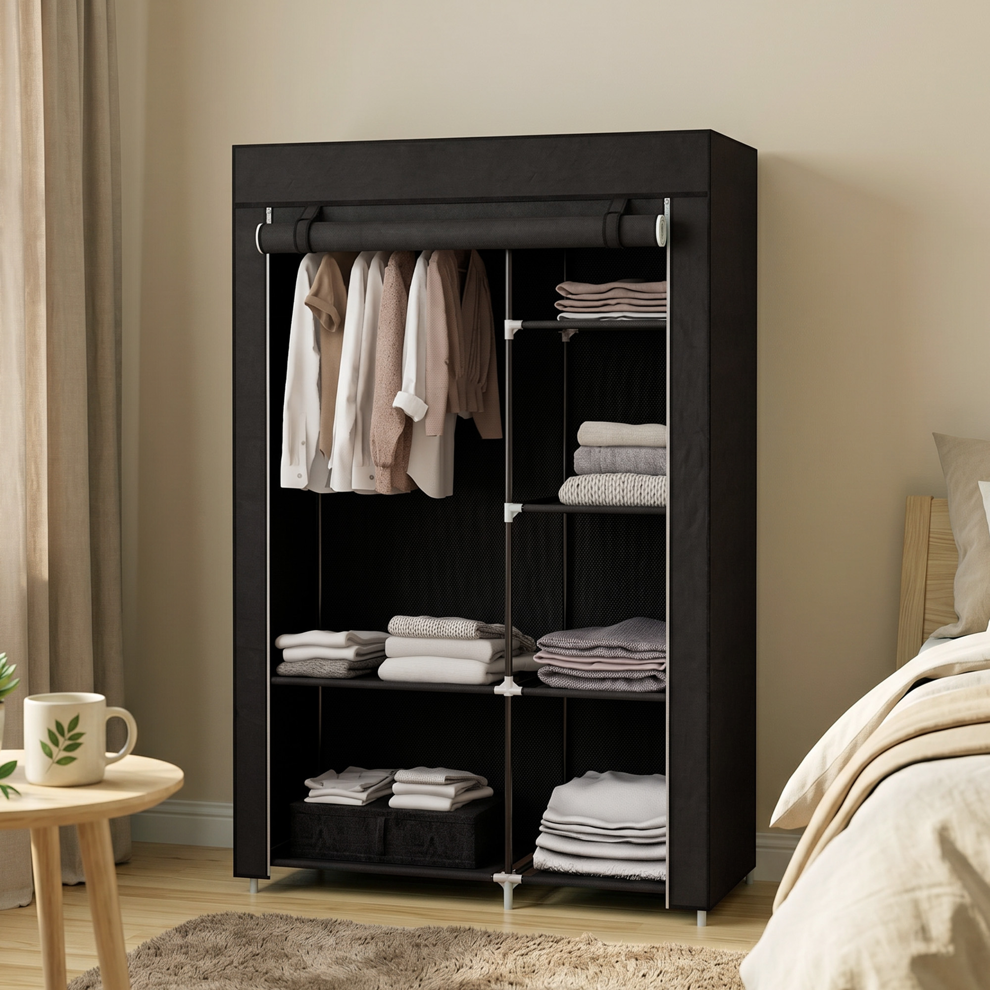 Homcom Armadio Guardaroba Portatile in Tessuto con 6 Ripiani Aperti e un Appendino, 103x43x162.5 cm, Nero