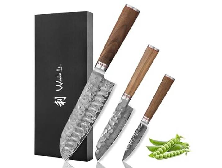 Wakoli Nussbaum 3er Messerset, Santoku & Officemesser, 67 Lagen Damaststahl Küchenmesser-Set mit VG10-Kern, Nussbaumholzgriffen & Hammerschlag; V-Schliff 15° je Seite, 60±2 HRC, verpackt in Geschenkbox