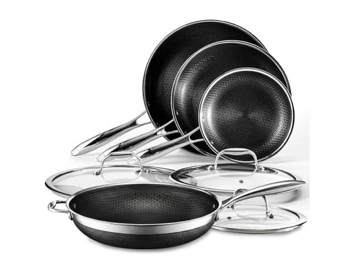 HexClad Hybrid Pfannenset 7-teilig mit Deckeln & Wok – Edelstahl Wabenstruktur, Antihaftbeschichtung, Pfannen 20/25/30 cm + Wok, alle Herdarten inkl. Induktion, ofenfest