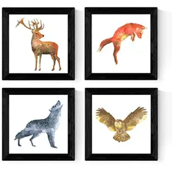 POSTER Set 4 Tieren 25x25 cm Schwarzer Rahmen